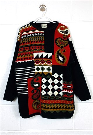 VINTAGE PATTERNED KNITTED JUMPER BLACK RED ABSTRACT