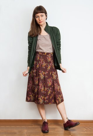 VINTAGE FLOWER PRINT PLEATED BROWN JERSEY SKIRT
