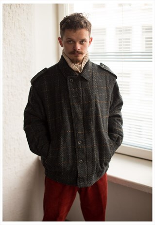 VINTAGE 80'S DARK GREY/GREEN WOVEN BOMBER JACKET