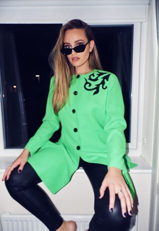 VINTAGE JACKET LONGLINE GREEN BLACK RETRO 60'S SPLIT SIDES