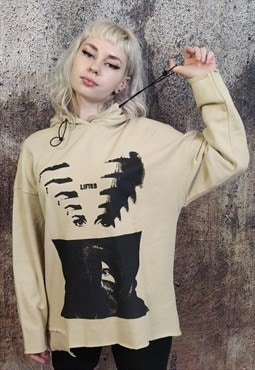 Unusual stitching hoodie Creepy eye punk pullover in cream