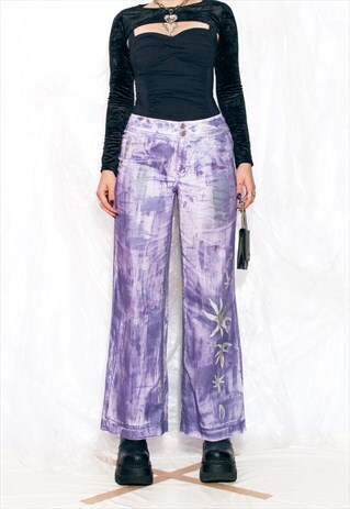 REWORKED VINTAGE Y2K FLARE TROUSERS IN WHITE HAND PAINTED 