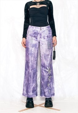 Reworked Vintage Y2K Flare Trousers in White Hand Painted 