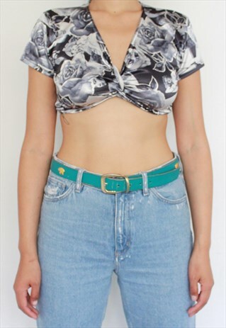 Y2K VINTAGE TEAL LEATHER ELEPHANTS STUDS BELT