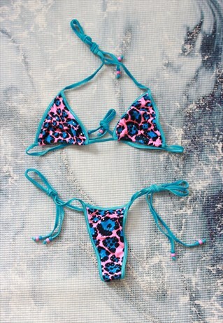 BLUE PINK LEOPARD PRINT THONG BIKINI