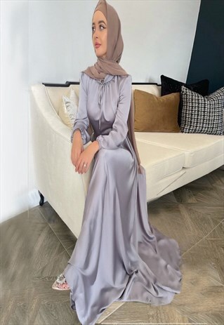 Grey Satin Belted Long Sleeve Modest Abaya Maxi Dress