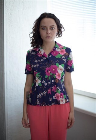VINTAGE 70'S NAVY FLOWER PRINT SHORT SLEEVED SHIRT