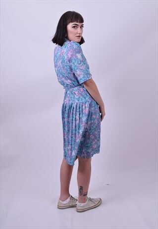 VINTAGE 70'S TURQUOISE FLOWER PRINT DRESS SIZE 10 12 14