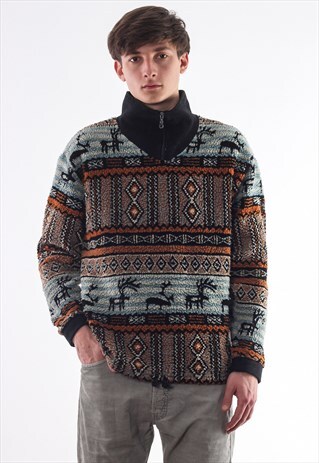 VINTAGE DEER GRAPHIC FULL ZIP JACKET 90S BROWN AZTEC