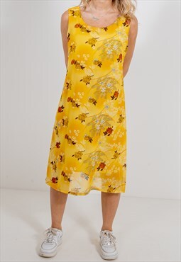 Vintage 90s Yellow Floral Print Sleeveless Midi Dress
