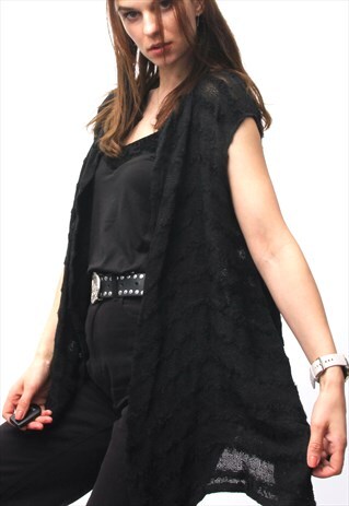 KNIT BLACK CARDIGAN SLEEVELESS CARDIGAN BOHO CARDIGAN L