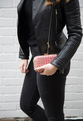 PINK GOLD EMBROIDERED MIRRORWORK CLUTCH PARTY BAG CROSS BODY