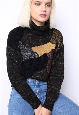 VINTAGE 80S BROWN METALLIC ROLL NECK JUMPER