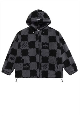 Chess pattern fleece jacket padded check SKA bomber in grey