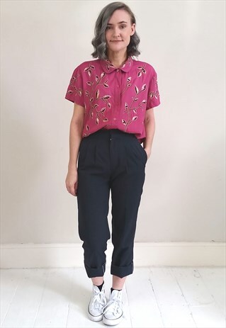 VINTAGE 80'S PINK LEAF EMBROIDERED SHORT SLEEVE SHIRT