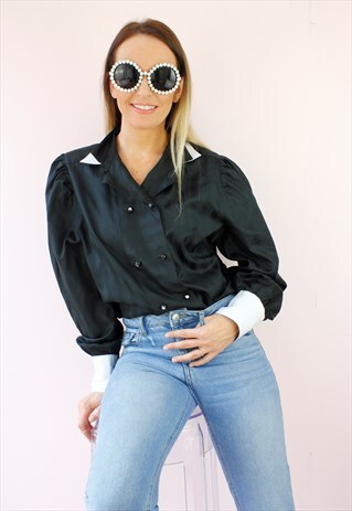 VINTAGE 80'S RETRO BLACK SATIN WHITE COLLAR SHIRT BLOUSE