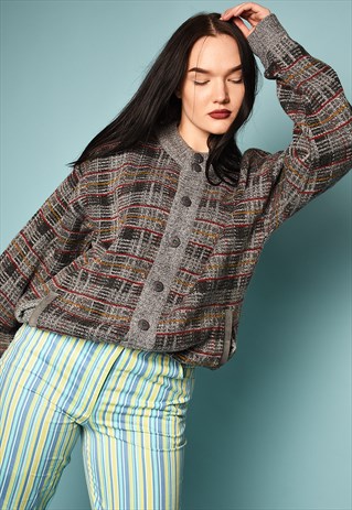 VINTAGE 80'S TARTAN PATTERN KNIT OVERSIZED CARDIGAN