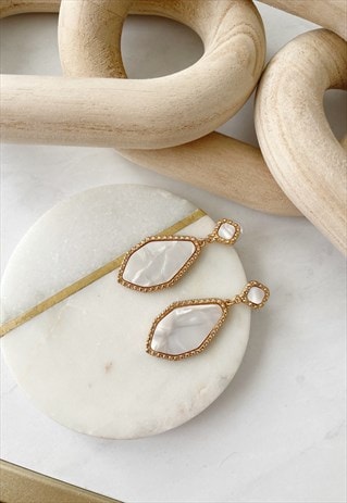 Gold Cream Faux Shell Dainty Diamante  Drop Earrings