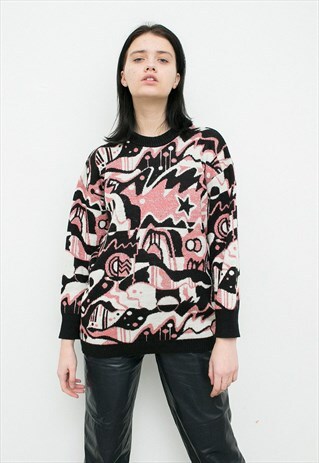 VINTAGE SWEATER CREW NECK PINK LONG SLEEVED ABSTRACT PRINT