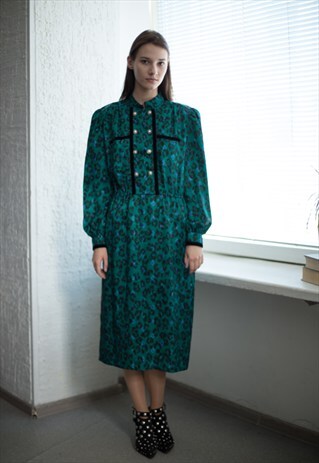 VINTAGE 80'S EMERALD GREEN LEOPARD PRINT LONG SLEEVED DRESS