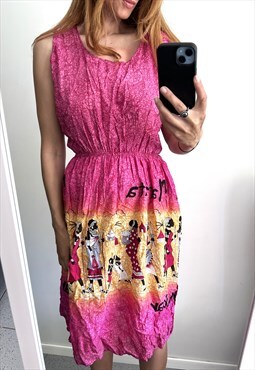 Fun Print Vintage Novelty Casual Pink Colorful Dress XS S
