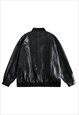 FAUX LEATHER VARSITY JACKET RETRO WASH PU BOMBER IN BLACK