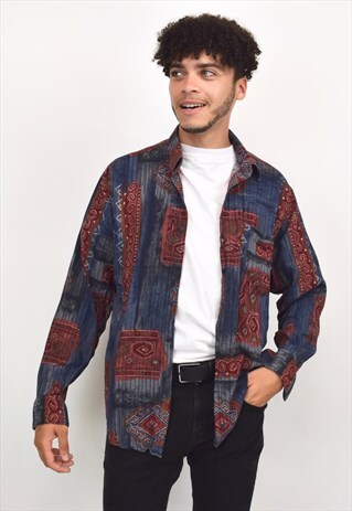 VINTAGE 90S MAROON & NAVY TRIBAL PRINT SHIRT