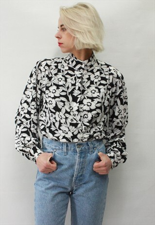 VINTAGE 80' ELEGANT WHITE AND BLACK FLOWER BLOUSE