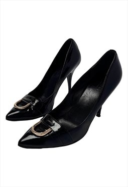 Gucci Heels Courts Black Patent Leather Gold D Ring Buckle 