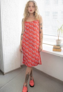 Vintage 60's Rare Red Cotton Boat Print Midi Dress