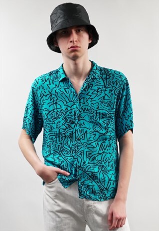 VINTAGE 80'S BENETTON BLUE SCRIBBLE PRINT SHIRT