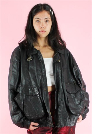 VINTAGE 90S LEATHER JACKET Y2K OVERSIZED BLACK BIKER BOMBER