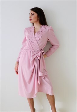80s Vintage Puff Sleeves Draped Midi Dress Pastel Pink