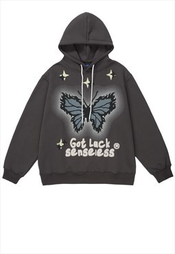 Butterfly print hoodie graffiti pullover grunge jumper black