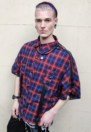 LOOSE OVERSIZE ZIP FINISH UTILITY BUCKLE STRAPS CHECK SHIRT