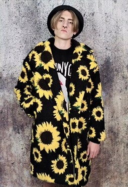 Daisy fleece jacket Y2K sunflower floral Trench coat black