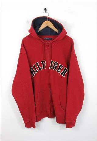 TOMMY HILFIGER 90S CENTRE SPELLOUT MIDDLE LOGO RED HOODIE L