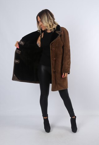 SHEEPSKIN STYLE' SUEDE SHEARLING COAT ACRYLIC UK 14 (BJ6A)