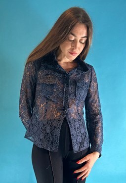 Vintage Y2K Navy Blue Floral Lace Button Long Sleeve Shirt.