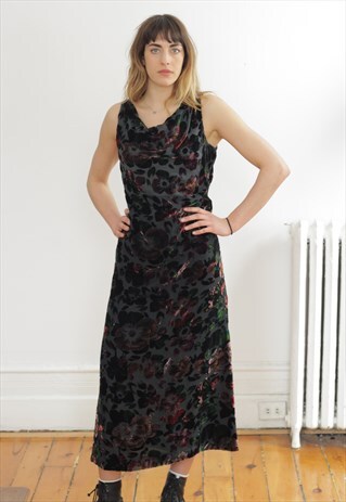 VELVET FLORAL LONG PARTY WEAR / CASUAL DRESS