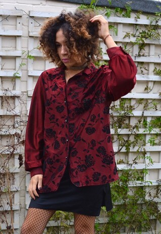 BLACK ROSE PRINT METALLIC CLARET SHIRT