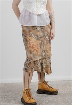 Vintage y2k Asymetric Cut Layered Multi Pattern Brown Skirt