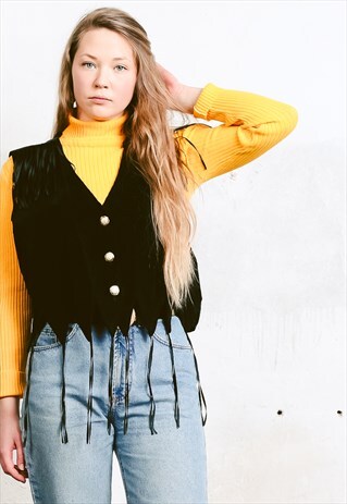 VINTAGE 90S BLACK FRINGED VEST