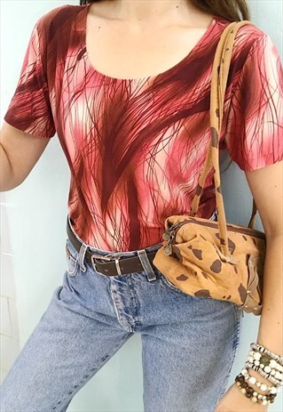 VINTAGE Y2K 00S OPTICAL PRINT LYCRA BLOUSE T-SHIRT TOP TEE