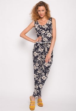Black Floral Print Vest Top and Trousers Co-Ord