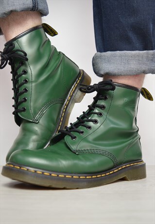 VINTAGE 90S DR. MARTENS GREEN 8 EYELET LEATHER BOOTS PUNK