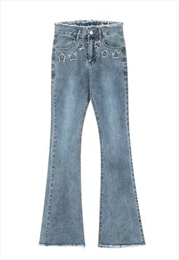 Wide jeans flared retro patch denim pants in vintage blue