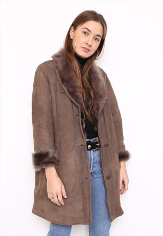 VINTAGE 80S GREY SUEDE SHEEPSKIN SHEARLING COAT
