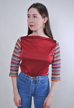 Rainbow sleeve women vintage red party blouse 