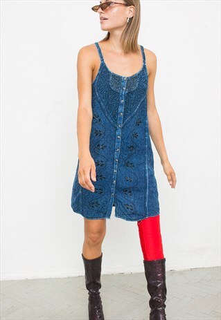VINTAGE BLUE STRAP DRESS SUMMER BUTTON UP DRESS WITH FLOWERS
